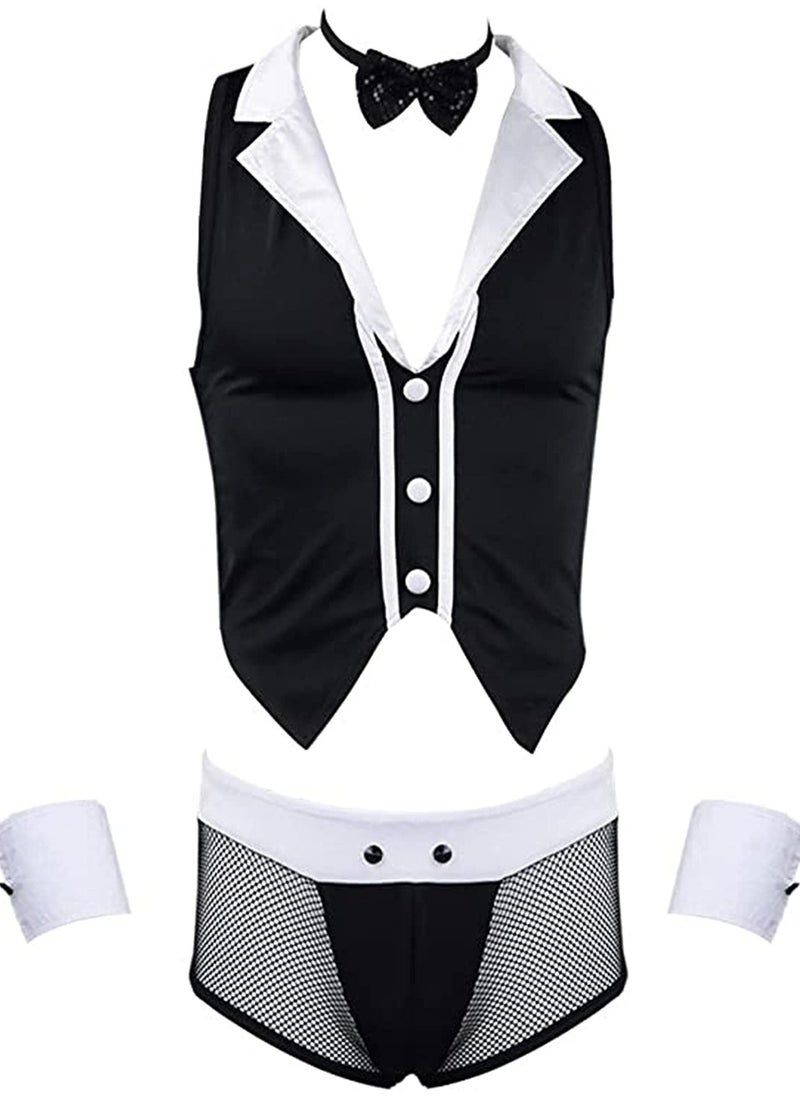 SYOSI - Men's Butler Waiter Cosplay Costume Tuxedo Lingerie Sets Sleeveless Shirt Boxer Briefs with Collar Cuffs - Image 1