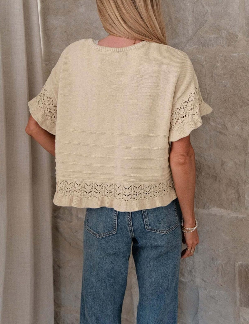 Yeokou Womens Short Sleeve Sweater Round Neck Ruffled Hem Knit Crochet Pullover Summer Fall Casual Top Blouse(Khaki-XS) - Image 4