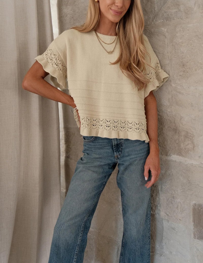 Yeokou Womens Short Sleeve Sweater Round Neck Ruffled Hem Knit Crochet Pullover Summer Fall Casual Top Blouse(Khaki-XS) - Image 2