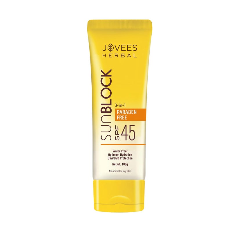 Jovees Herbal Sun Block SPF 45 For Even Toned  Glowing Skin  Suitable For Dry Skin  Sunscreen for UVAUVB  Blue Light Protection  Lightweight  Non Grassy for Men  Women 100g - Image 1