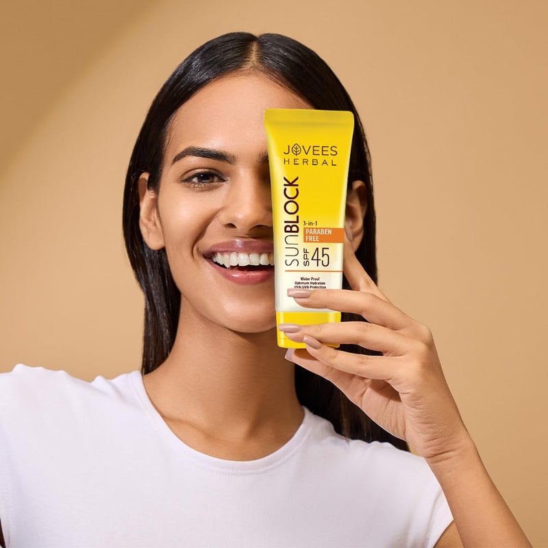 Jovees Herbal Sun Block SPF 45 For Even Toned  Glowing Skin  Suitable For Dry Skin  Sunscreen for UVAUVB  Blue Light Protection  Lightweight  Non Grassy for Men  Women 100g - Image 3