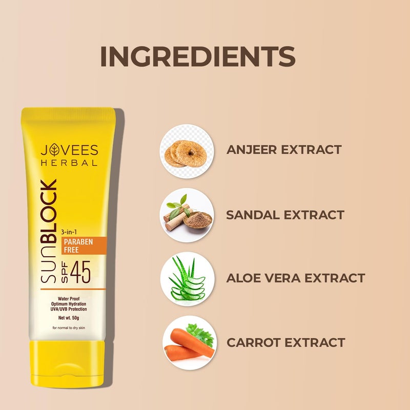 Jovees Herbal Sun Block SPF 45 For Even Toned  Glowing Skin  Suitable For Dry Skin  Sunscreen for UVAUVB  Blue Light Protection  Lightweight  Non Grassy for Men  Women 100g - Image 5