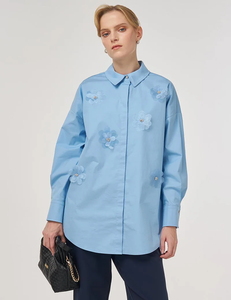 Kayra Floral Embroidered Cotton Tunic Dusty Gray