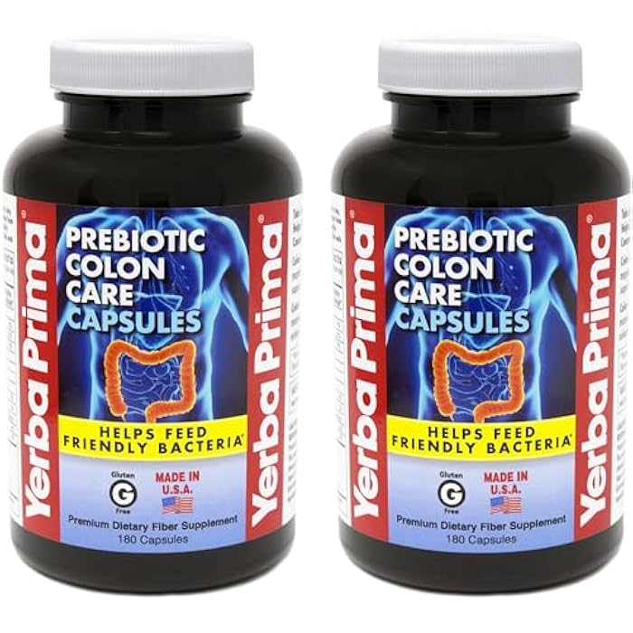 Yerba Prima Prebiotic Colon Care Capsules Dietary Fiber, 180 Count, (Pack of 2) - Five Forms of Fiber Plus FOS Prebiotics Supplement - Soluble & Insoluble for Regularity & Digestive Support - Image 1