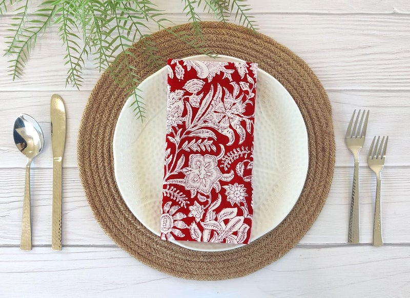 AVKA Studio Cotton Print Napkins 18x18 inches  Washable Cloth Dinner Napkins Set of 12  Everyday Use or Dinner Party and Events  Red White Indian Block Printed Soft Fabric - Image 3