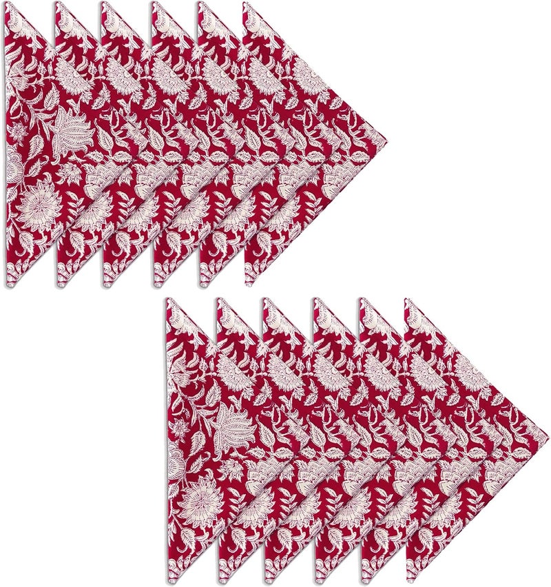 AVKA Studio Cotton Print Napkins 18x18 inches  Washable Cloth Dinner Napkins Set of 12  Everyday Use or Dinner Party and Events  Red White Indian Block Printed Soft Fabric - Image 1