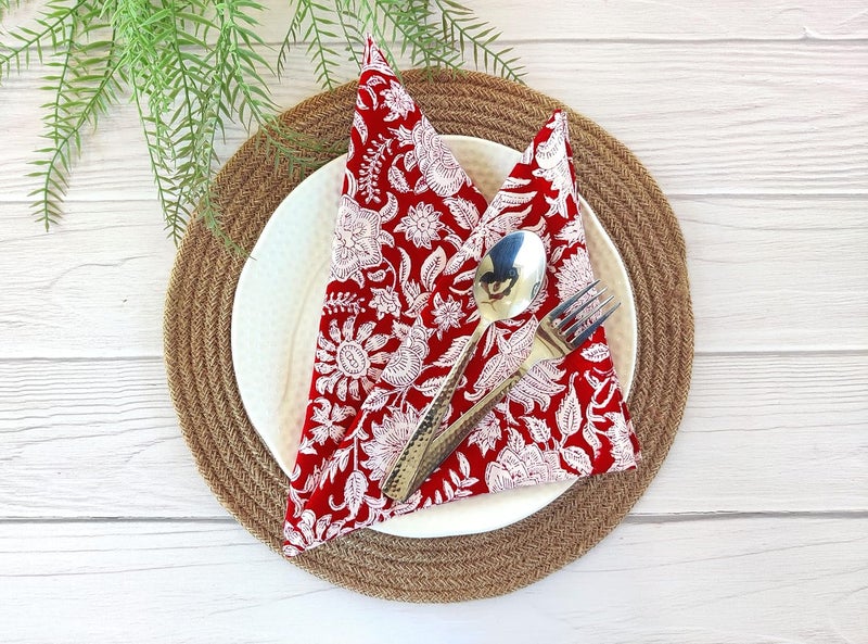 AVKA Studio Cotton Print Napkins 18x18 inches  Washable Cloth Dinner Napkins Set of 12  Everyday Use or Dinner Party and Events  Red White Indian Block Printed Soft Fabric - Image 2