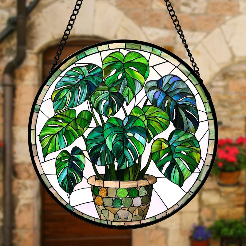 DASTOLL Stained Glass Window Hanging, Green Plant Monstera t Suncatcher Diamond Colorful Glass Panel Sun Catchers Decor for Birthday for Women, Men, Wife, Aunt, and Mom 7.8 in - Image 3
