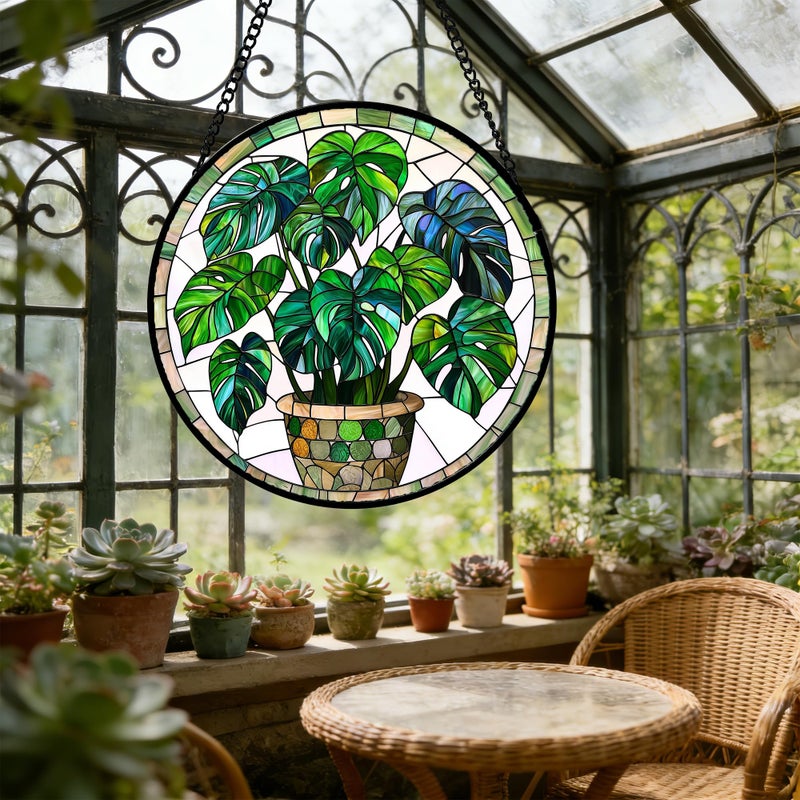 DASTOLL Stained Glass Window Hanging, Green Plant Monstera t Suncatcher Diamond Colorful Glass Panel Sun Catchers Decor for Birthday for Women, Men, Wife, Aunt, and Mom 7.8 in - Image 5