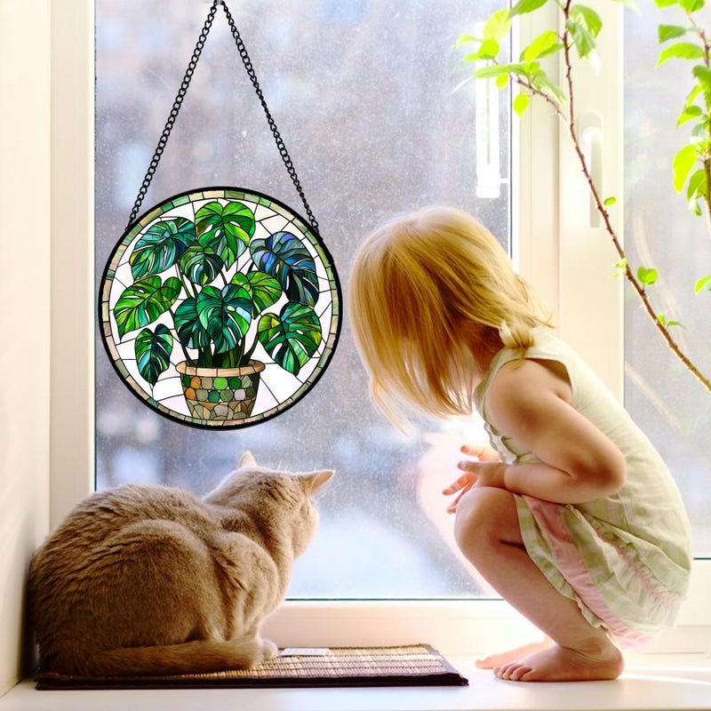 DASTOLL Stained Glass Window Hanging, Green Plant Monstera t Suncatcher Diamond Colorful Glass Panel Sun Catchers Decor for Birthday for Women, Men, Wife, Aunt, and Mom 7.8 in - Image 2