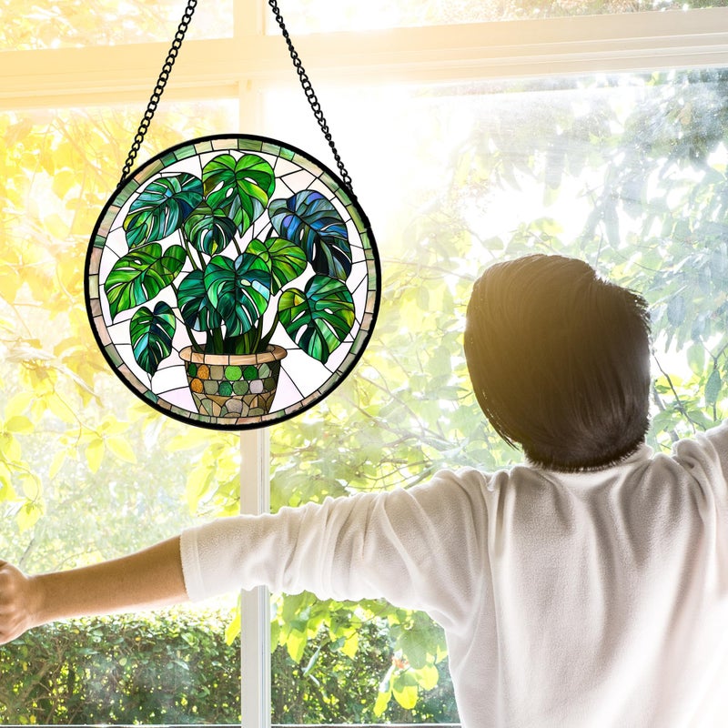 DASTOLL Stained Glass Window Hanging, Green Plant Monstera t Suncatcher Diamond Colorful Glass Panel Sun Catchers Decor for Birthday for Women, Men, Wife, Aunt, and Mom 7.8 in - Image 4