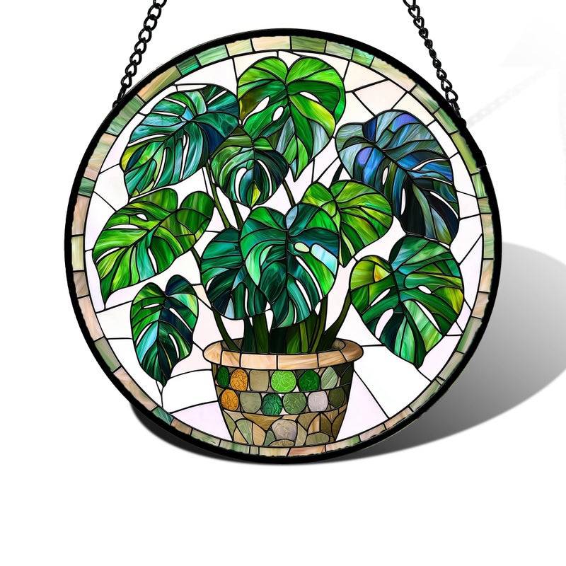 DASTOLL Stained Glass Window Hanging, Green Plant Monstera t Suncatcher Diamond Colorful Glass Panel Sun Catchers Decor for Birthday for Women, Men, Wife, Aunt, and Mom 7.8 in - Image 1