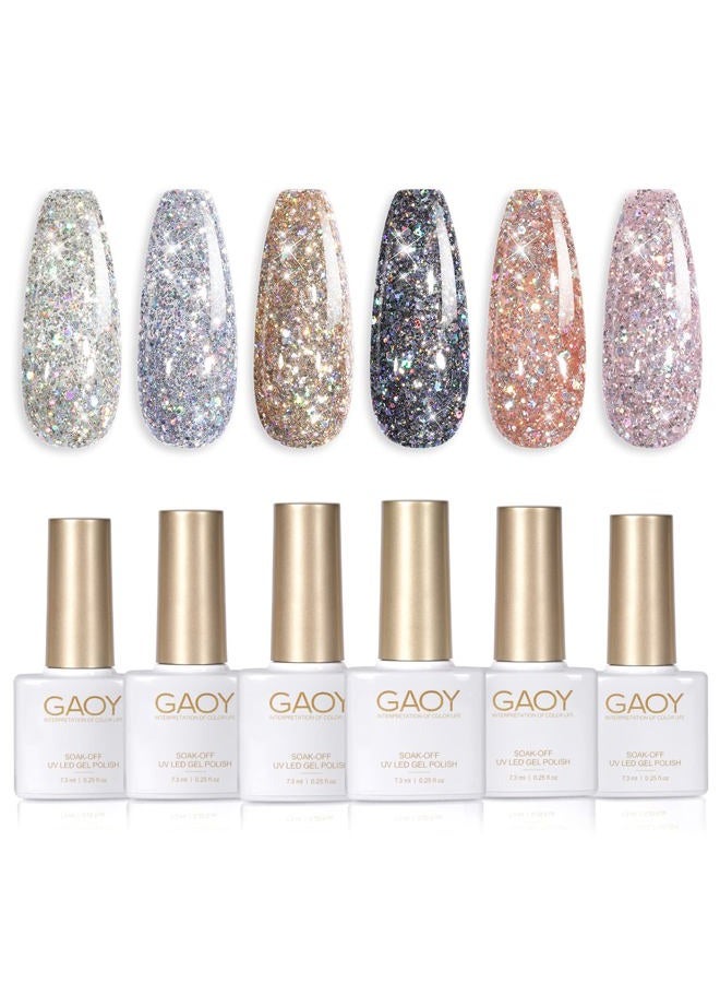 GAOY Chrome Platinum Glitter Nail Polish Set, 6 Colors Including Sparkly Shiny UV LED Soak Off Black Silver Pink Gel Polish Kit Home DIY Manicure Nail Salon Varnish - Image 1