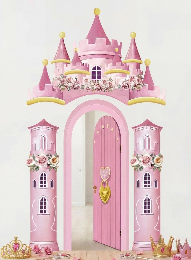 Kathfly 4 Pcs Princess Castle Door Decorations Xmas Pink Princess Castle House Door Covers Banner Backdrop Christmas Hanging Banner Porch Sign for Holiday Classroom Home Party Decor - Image 1