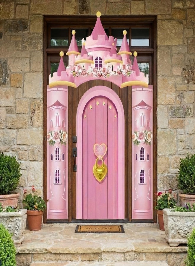 Kathfly 4 Pcs Princess Castle Door Decorations Xmas Pink Princess Castle House Door Covers Banner Backdrop Christmas Hanging Banner Porch Sign for Holiday Classroom Home Party Decor - Image 4