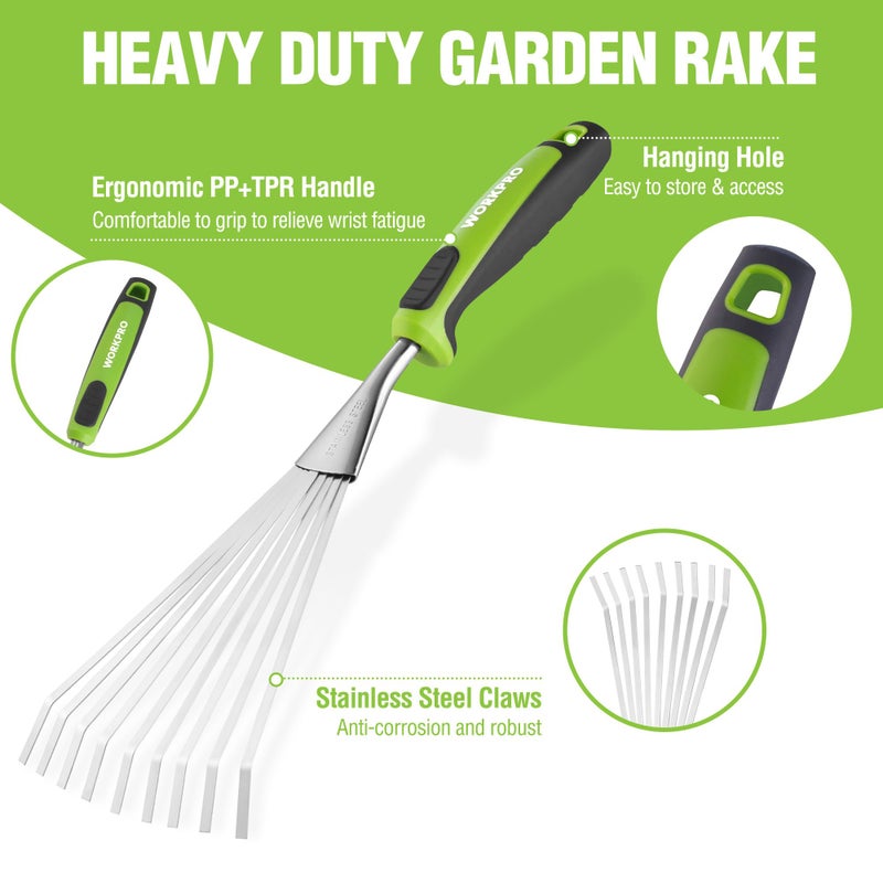 WORKPRO 16" Hand Rake, Heavy Duty Stainless Steel Garden Rake with Soft Handle, Small Garden Hand Tool for Gardening, Cultivating, Loosening Soil & Spreading Mulch, Flower Beds - Image 3