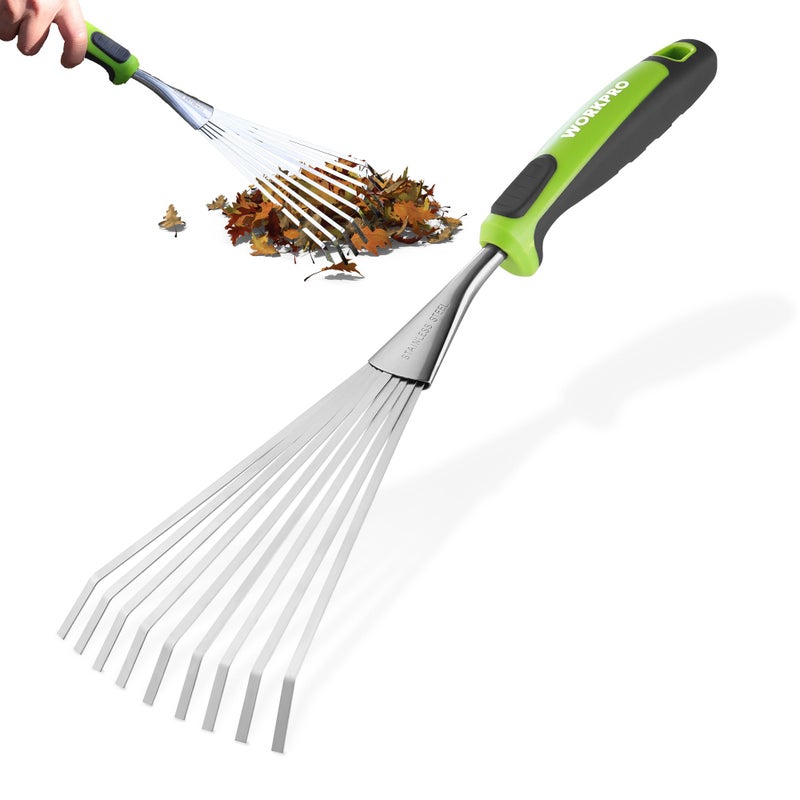 WORKPRO 16" Hand Rake, Heavy Duty Stainless Steel Garden Rake with Soft Handle, Small Garden Hand Tool for Gardening, Cultivating, Loosening Soil & Spreading Mulch, Flower Beds - Image 1