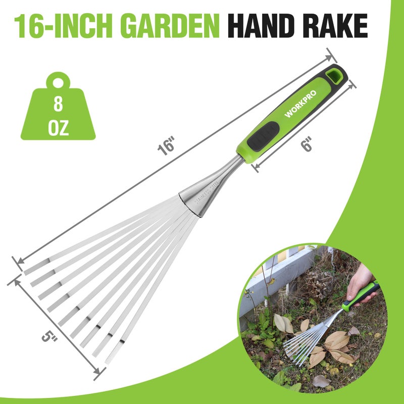 WORKPRO 16" Hand Rake, Heavy Duty Stainless Steel Garden Rake with Soft Handle, Small Garden Hand Tool for Gardening, Cultivating, Loosening Soil & Spreading Mulch, Flower Beds - Image 2