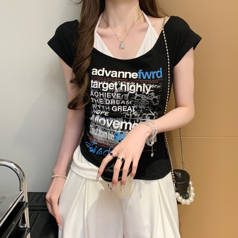 Real Shot of Hot Girl American Retro Letter Printed Short-Sleeved T-Shirt for Women in Summer Contrasting Fake Two-Piece White Top - Image 2