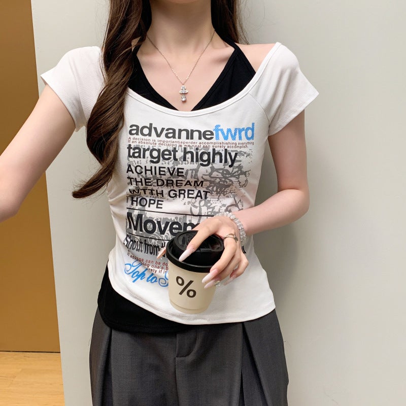 Real Shot of Hot Girl American Retro Letter Printed Short-Sleeved T-Shirt for Women in Summer Contrasting Fake Two-Piece White Top - Image 5