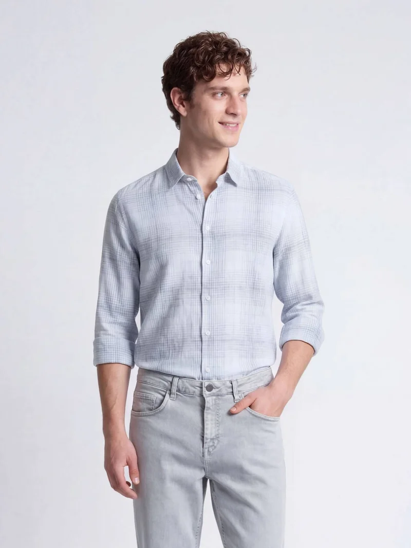 Kip Navy Blue Checkered Regular Fit Long Weaving Casual Cotton Blended Shirt