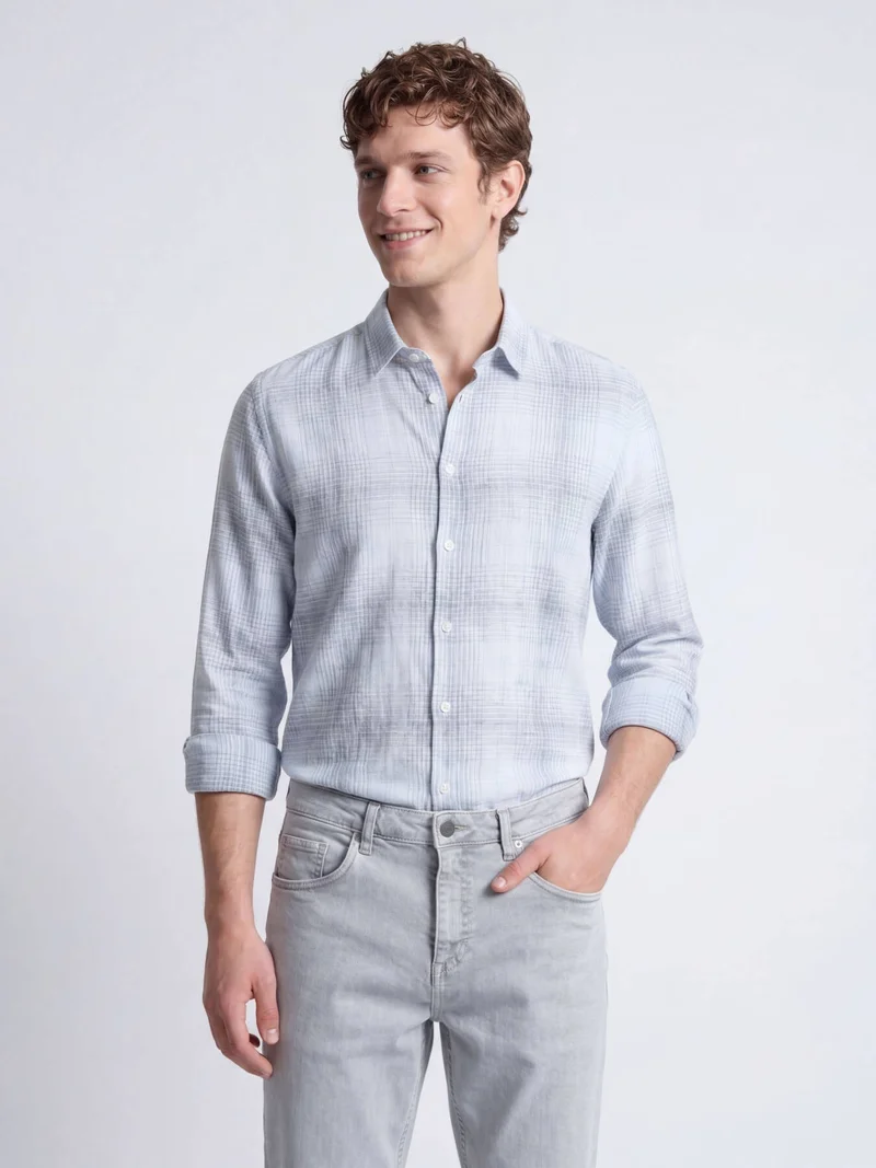 Kip Navy Blue Checkered Regular Fit Long Weaving Casual Cotton Blended Shirt