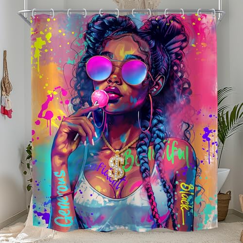 MESHELLY Black Girl Shower Curtain 60Wx72H Black Woman African American Modern Hip-pop Afro Lady Bathroom Curtain Inspirational Quote Bath Curtain Bathroom Accessories Decor with 12 Hooks - Image 1