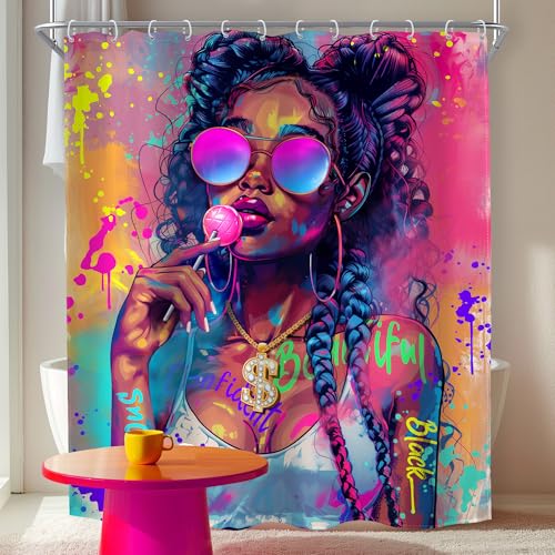 MESHELLY Black Girl Shower Curtain 60Wx72H Black Woman African American Modern Hip-pop Afro Lady Bathroom Curtain Inspirational Quote Bath Curtain Bathroom Accessories Decor with 12 Hooks - Image 3