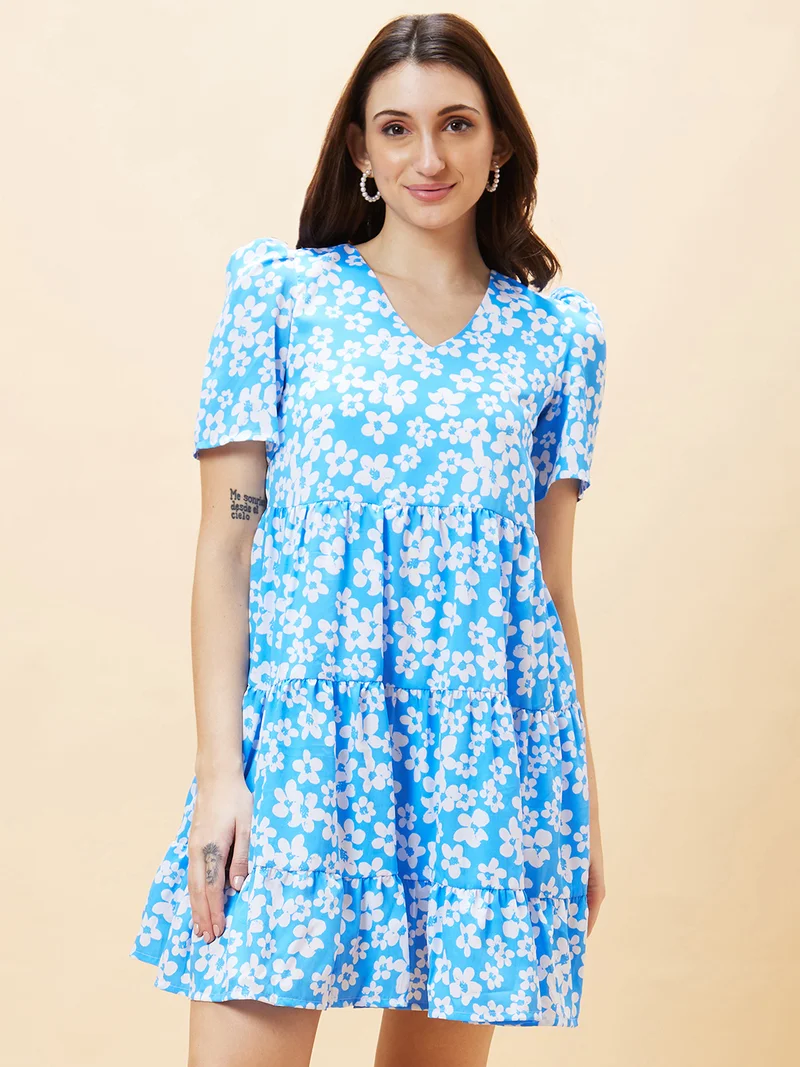 globus Globus Women Blue Floral Printed V-Neck Puff Sleeve Gathered Tiered A-Line Dress