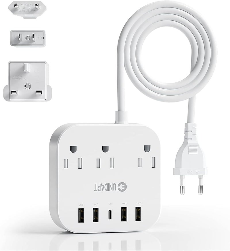 European Travel Plug Adapter, US to UK Europe Plug Adapter, Power Strip for EU/UK/US with USB C and 4 USB Ports, 3 AC Outlets, Wall Mountable, 5ft Extension Cord, for Travel Cruise Ship Home - Image 1