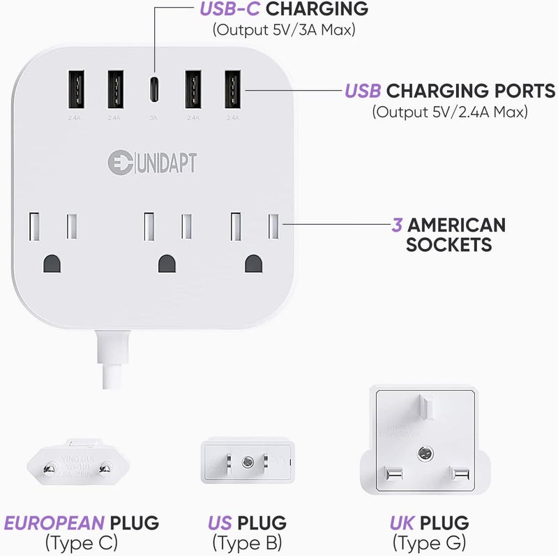 European Travel Plug Adapter, US to UK Europe Plug Adapter, Power Strip for EU/UK/US with USB C and 4 USB Ports, 3 AC Outlets, Wall Mountable, 5ft Extension Cord, for Travel Cruise Ship Home - Image 5