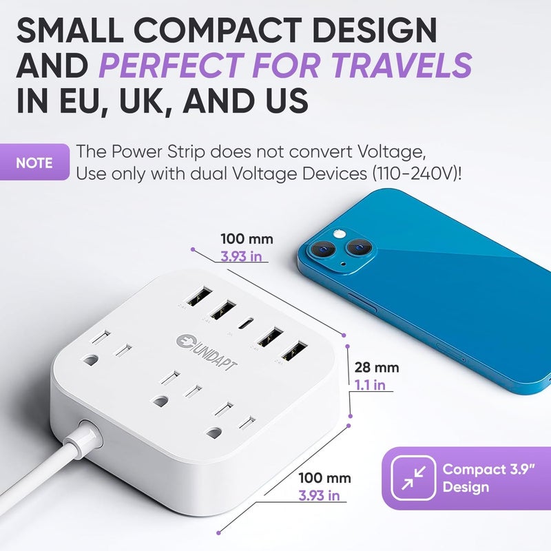 European Travel Plug Adapter, US to UK Europe Plug Adapter, Power Strip for EU/UK/US with USB C and 4 USB Ports, 3 AC Outlets, Wall Mountable, 5ft Extension Cord, for Travel Cruise Ship Home - Image 2