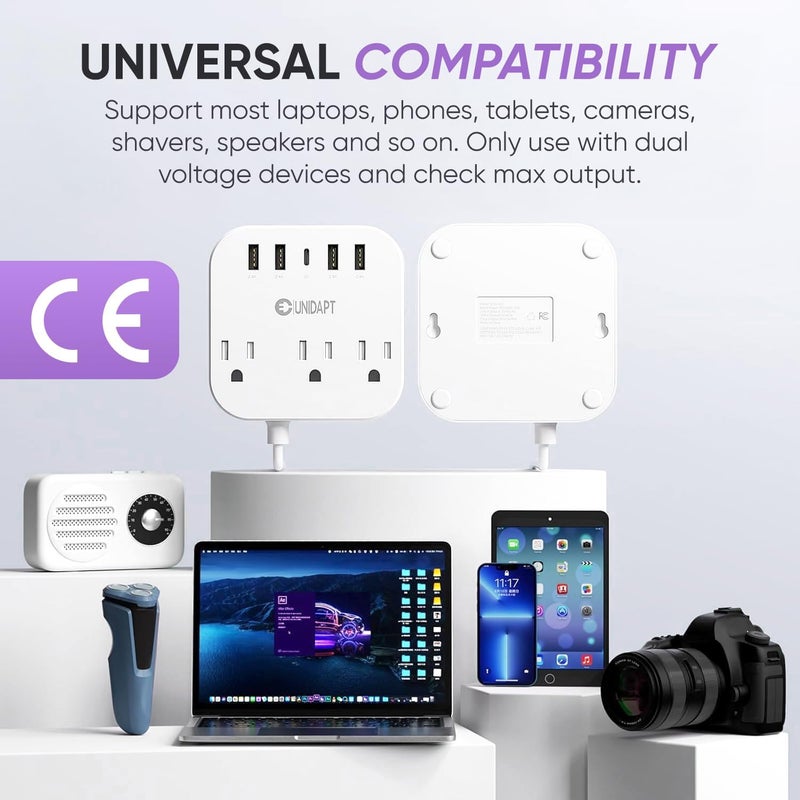 European Travel Plug Adapter, US to UK Europe Plug Adapter, Power Strip for EU/UK/US with USB C and 4 USB Ports, 3 AC Outlets, Wall Mountable, 5ft Extension Cord, for Travel Cruise Ship Home - Image 4