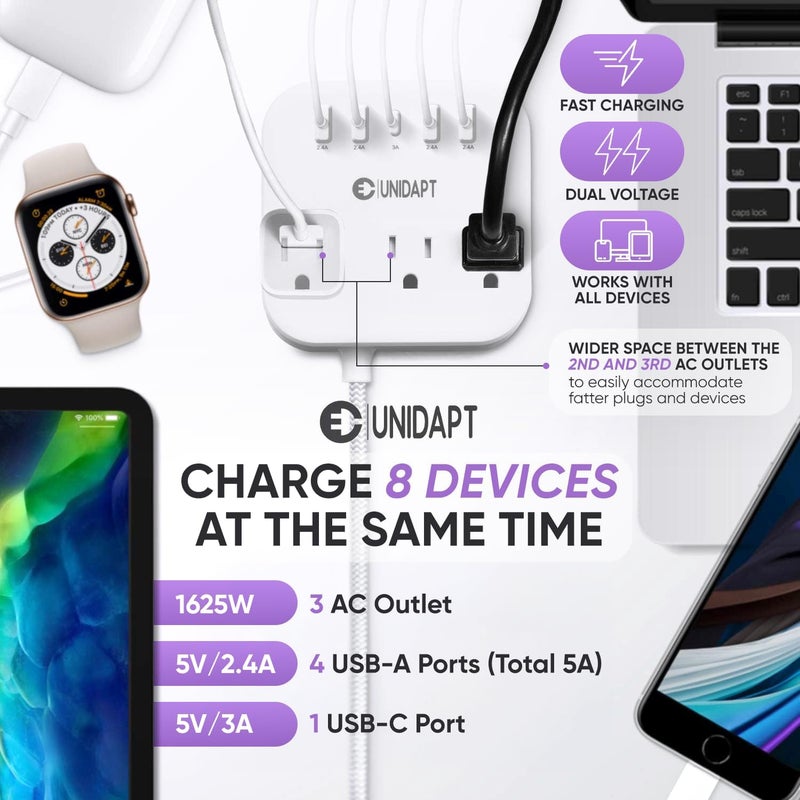 European Travel Plug Adapter, US to UK Europe Plug Adapter, Power Strip for EU/UK/US with USB C and 4 USB Ports, 3 AC Outlets, Wall Mountable, 5ft Extension Cord, for Travel Cruise Ship Home - Image 3