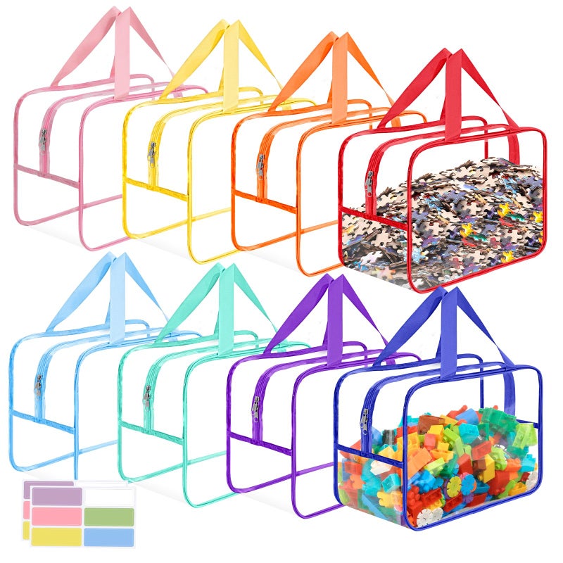 Mhtdet 8 Packs Widen X-Large Toy Storage Bags 12.6Ã—9.25Ã—6.9In with Labels, Reusable Clear PVC Board Game Storage, Travel Waterproof Organizer Bags with Zipper for Building Blocks, Puzzle, Stuffed Animals - Image 1