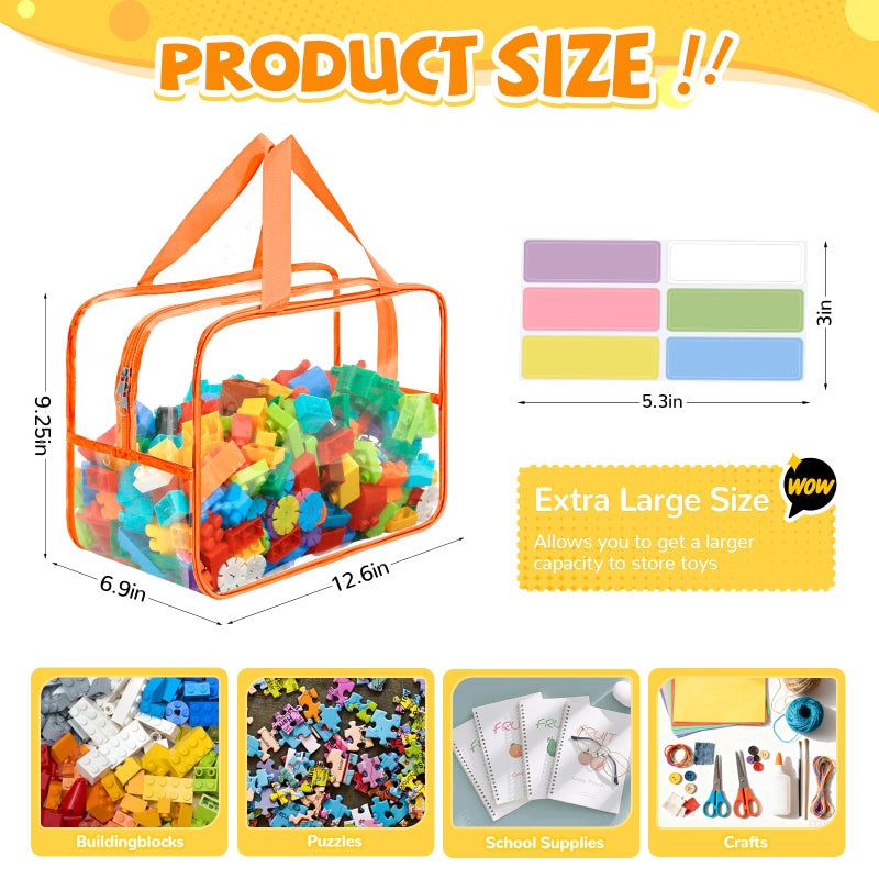 Mhtdet 8 Packs Widen X-Large Toy Storage Bags 12.6Ã—9.25Ã—6.9In with Labels, Reusable Clear PVC Board Game Storage, Travel Waterproof Organizer Bags with Zipper for Building Blocks, Puzzle, Stuffed Animals - Image 2