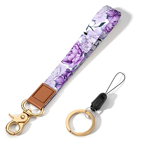 Hsxnam Wrist Lanyard Key Chain, Cute Wristlet Strap Keychain Holder for Women Men Keys ID Badges Phone Airpods, Purple Flower - Image 1