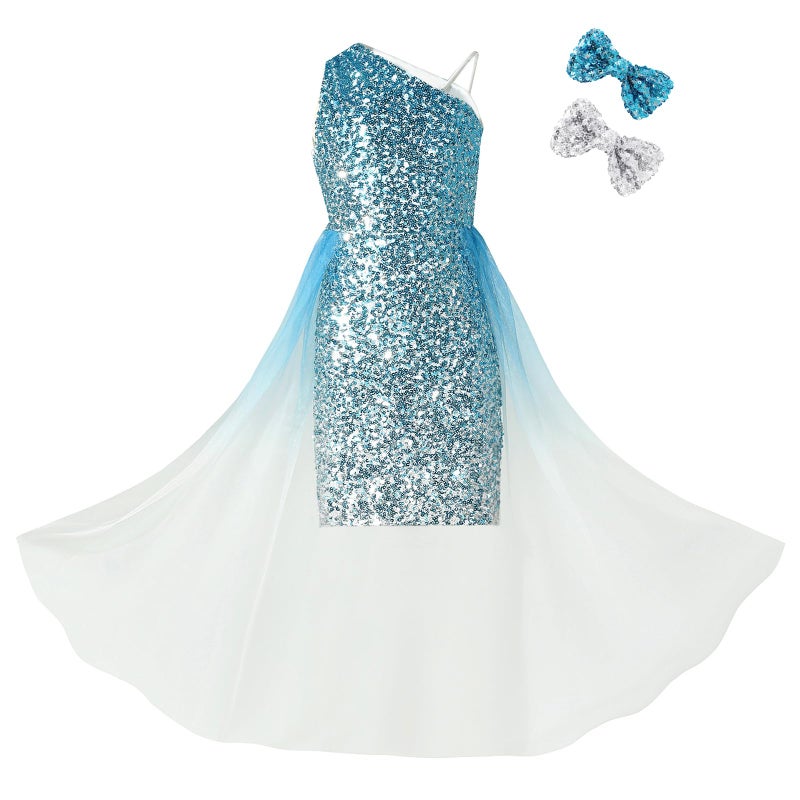 EXARUS Girls Bodycon Dress One Shoulder Formal with Mesh Overlay Sparkly Sequin Sleeveless Dresses Special Occasion Wedding for Kids Halloween Blue and Silver 6Y