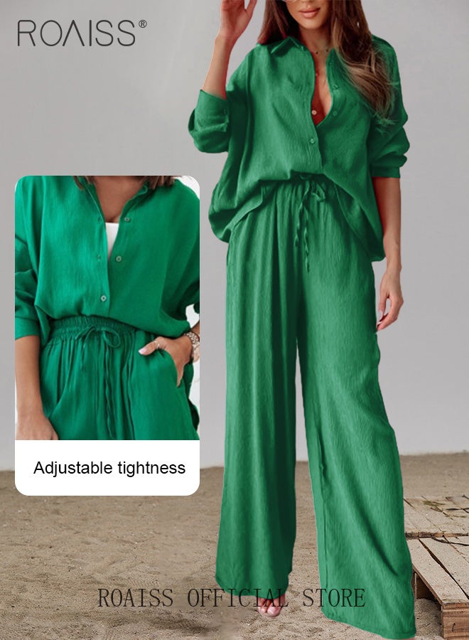 roaiss Ladies Comfortable Cotton Linen 2 Piece Suit for Daily Commute - Shirt and Wide Leg Pants Set with Simple Loose Fit Design for Leisure - Image 3