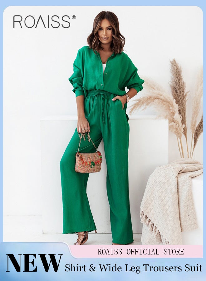 roaiss Ladies Comfortable Cotton Linen 2 Piece Suit for Daily Commute - Shirt and Wide Leg Pants Set with Simple Loose Fit Design for Leisure - Image 1