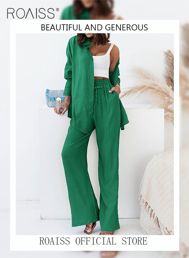 roaiss Ladies Comfortable Cotton Linen 2 Piece Suit for Daily Commute - Shirt and Wide Leg Pants Set with Simple Loose Fit Design for Leisure - Image 2