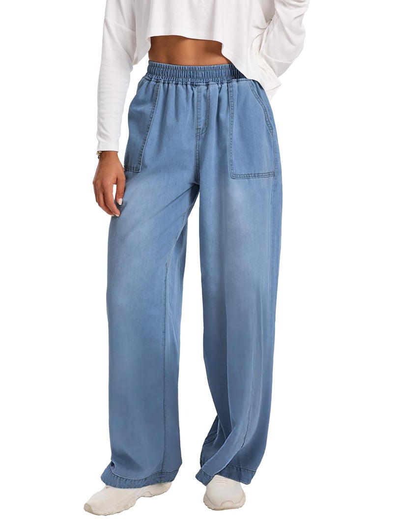 DEICAEVO Wide Leg Baggy Jeans, Elastic Waist Jeans for Women Trendy Loose Pants Dark Blue M - Image 1