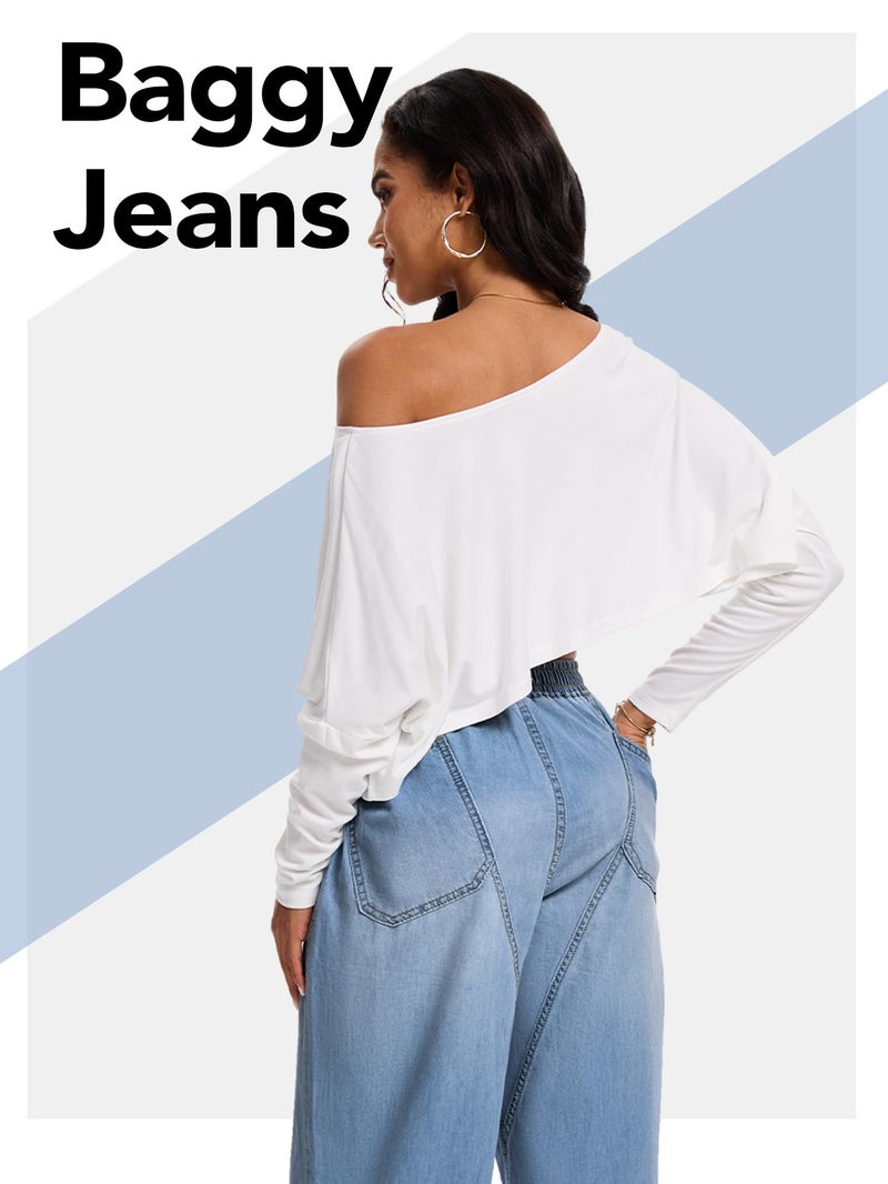 DEICAEVO Wide Leg Baggy Jeans, Elastic Waist Jeans for Women Trendy Loose Pants Dark Blue M - Image 5