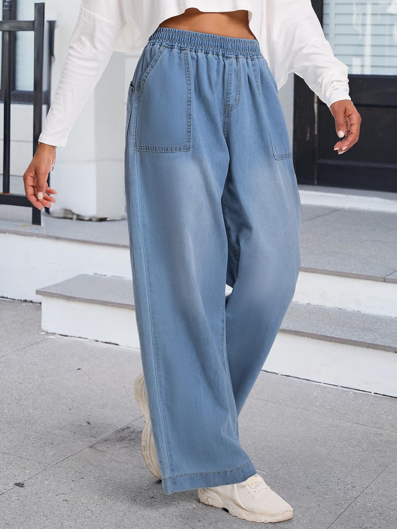 DEICAEVO Wide Leg Baggy Jeans, Elastic Waist Jeans for Women Trendy Loose Pants Dark Blue M - Image 2
