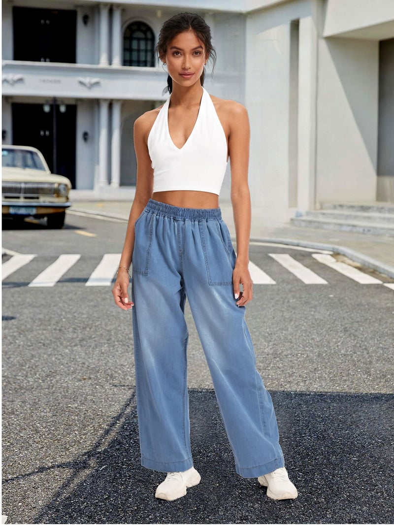 DEICAEVO Wide Leg Baggy Jeans, Elastic Waist Jeans for Women Trendy Loose Pants Dark Blue M - Image 3