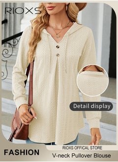 RIOXS Women's V-neck Long Sleeve Shirt Knitted Loose Sleeves Fitted Solid Color Jacquard Tops Hoodie Soft and Comfortable Pullover Shirt  - Image 1