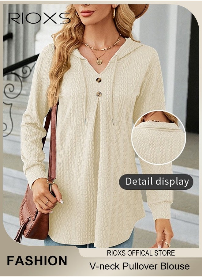 RIOXS Women's V-neck Long Sleeve Shirt Knitted Loose Sleeves Fitted Solid Color Jacquard Tops Hoodie Soft and Comfortable Pullover Shirt  - Image 1