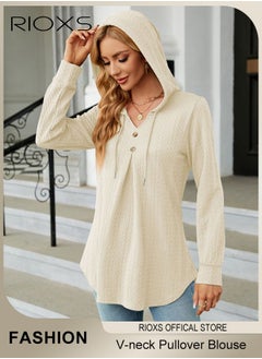 RIOXS Women's V-neck Long Sleeve Shirt Knitted Loose Sleeves Fitted Solid Color Jacquard Tops Hoodie Soft and Comfortable Pullover Shirt  - Image 3