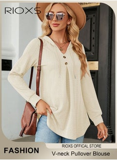 RIOXS Women's V-neck Long Sleeve Shirt Knitted Loose Sleeves Fitted Solid Color Jacquard Tops Hoodie Soft and Comfortable Pullover Shirt  - Image 2