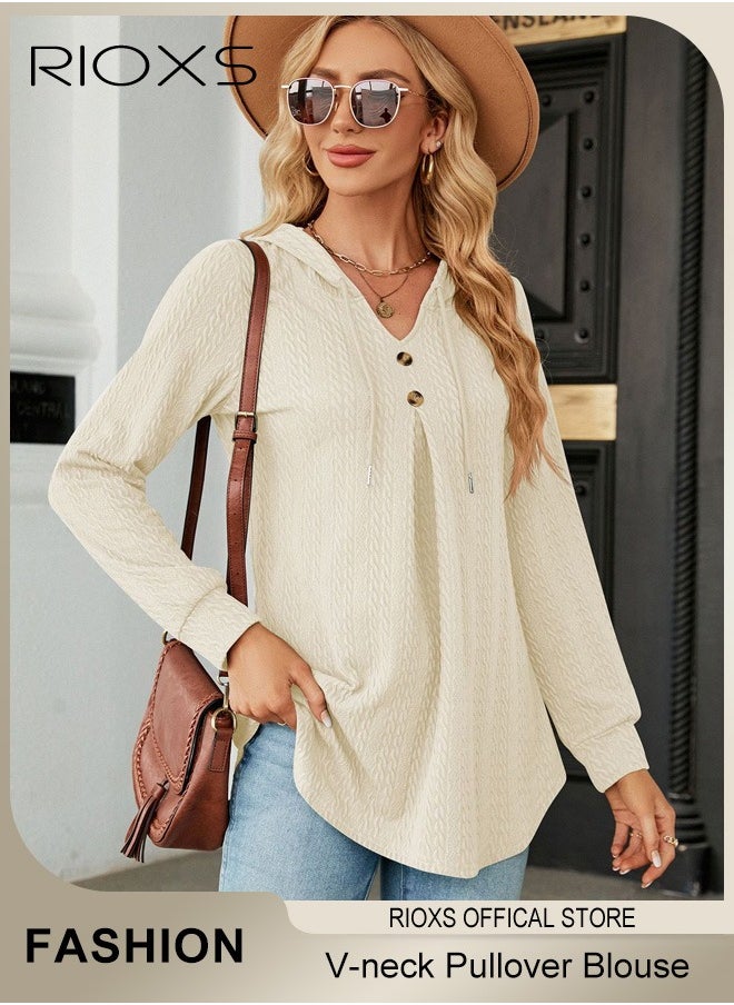 RIOXS Women's V-neck Long Sleeve Shirt Knitted Loose Sleeves Fitted Solid Color Jacquard Tops Hoodie Soft and Comfortable Pullover Shirt  - Image 2